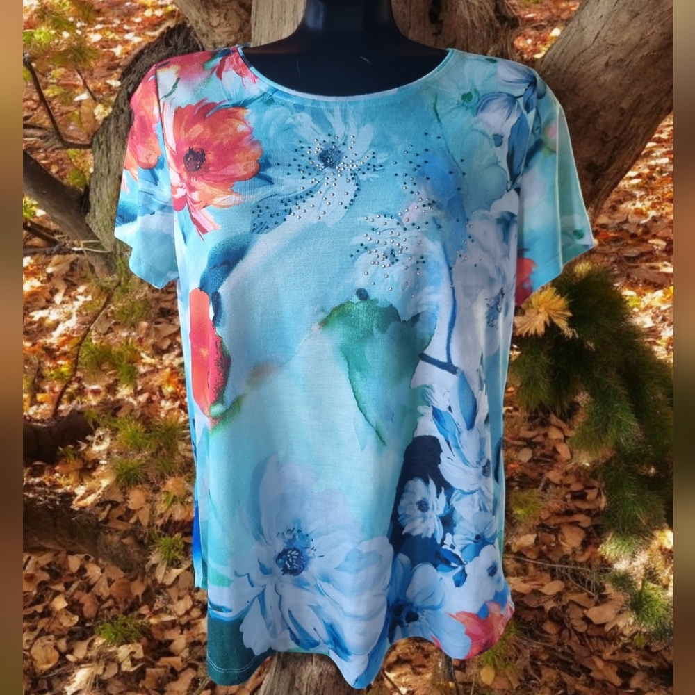 Alia Colorful Floral Sparkly Beaded Short Sleeve T-Shirt
